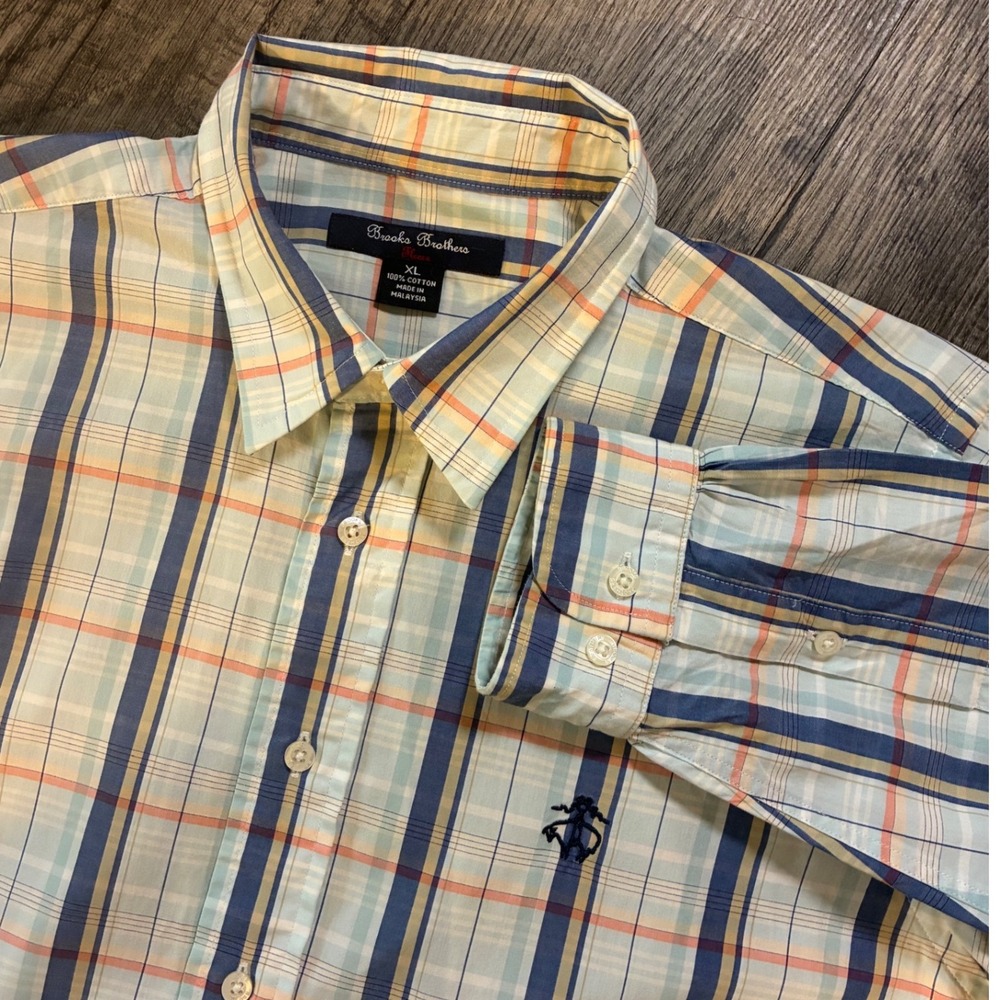 Brooks Brothers Fleece Plaid Button Down Shirt Mens XL Light Blue Orange Navy